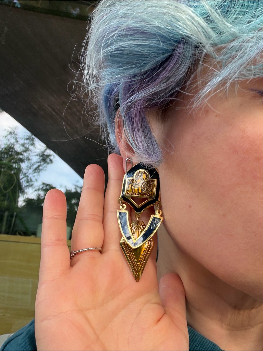 Vintage Edgar Berebi Gold Black Enamel Statement Clip Earrings
